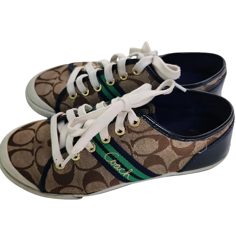 Coach Folly Signature Fashion Sneakers Tan Navy Green Size 6.5B